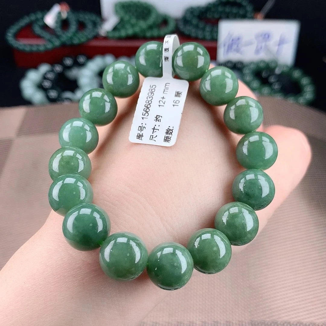 缅甸天然A货翡翠12+m老油青菠菜绿翡翠圆珠手串单圈玉手串精美款