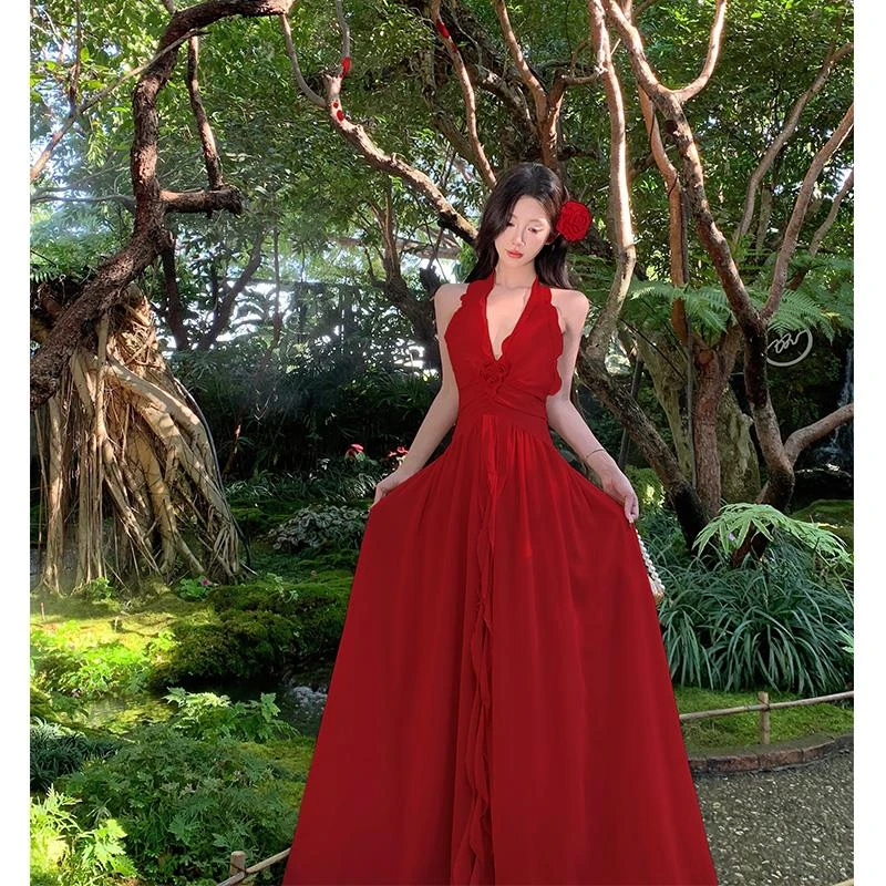 法式复古红色优雅挂脖露背日落裙海边度假拍照旅游氛围感雪纺长裙