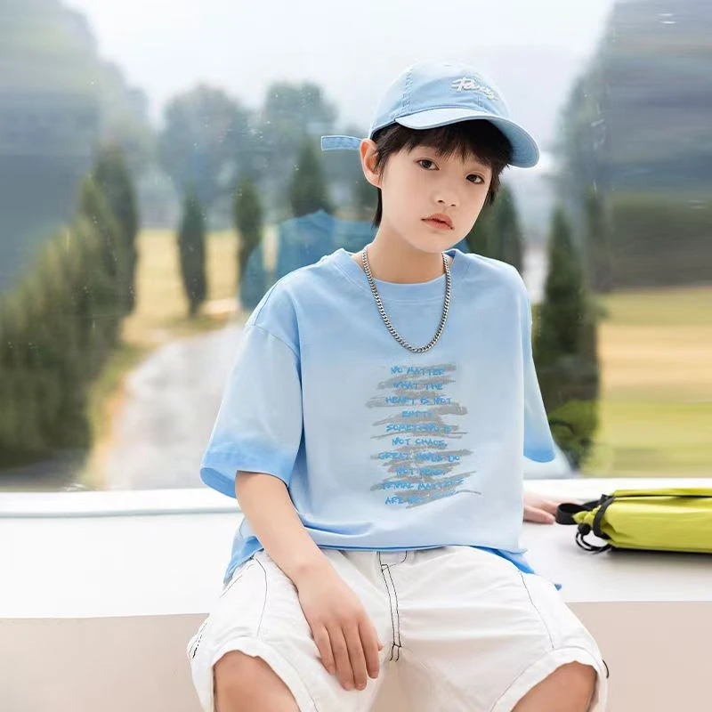 502961男童T恤2025新款短袖圆领潮酷洋气上衣中大童渐变韩版半袖