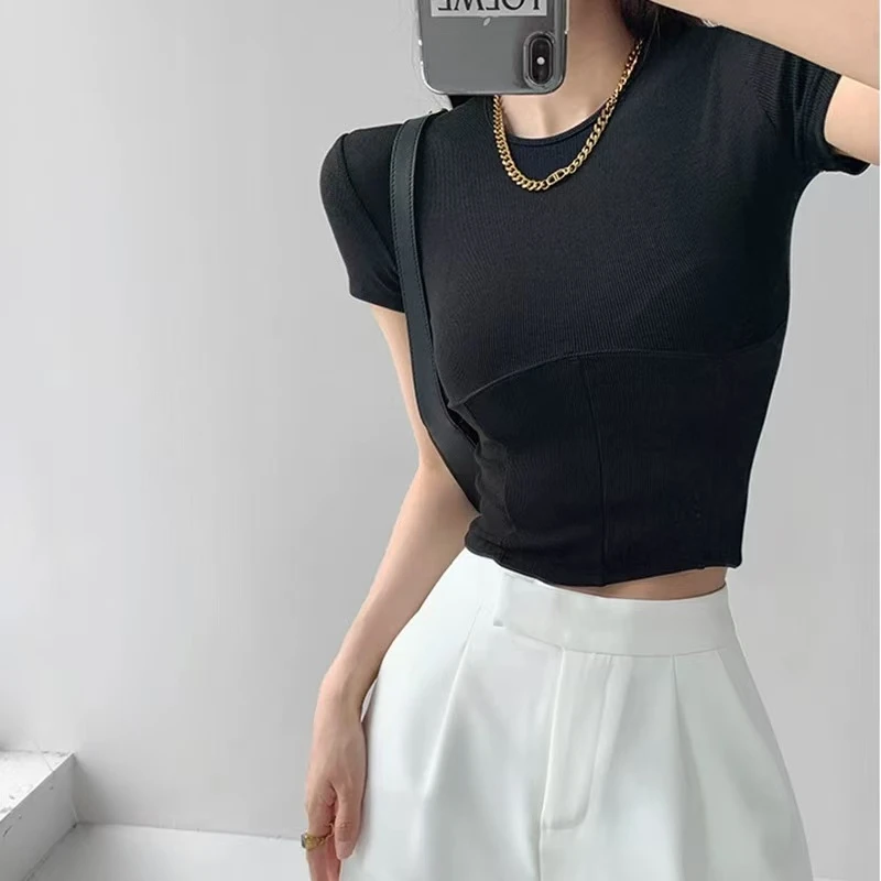 XB20# 辣妹不规则正肩鱼骨短款纯欲上衣