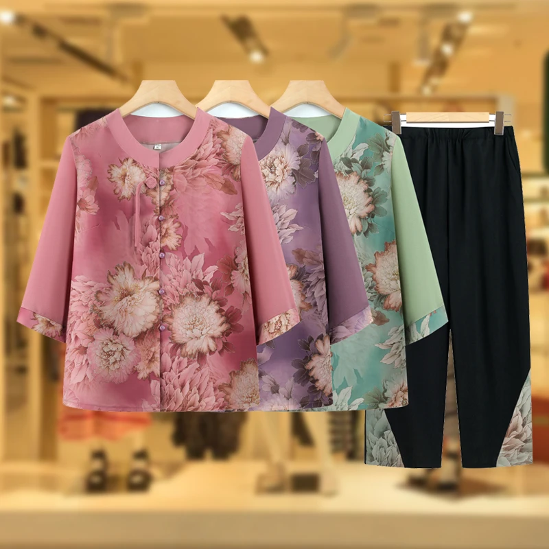 洋气奶奶夏装套装薄款中老年人女妈妈夏季花衬衣小个子老太太衣服