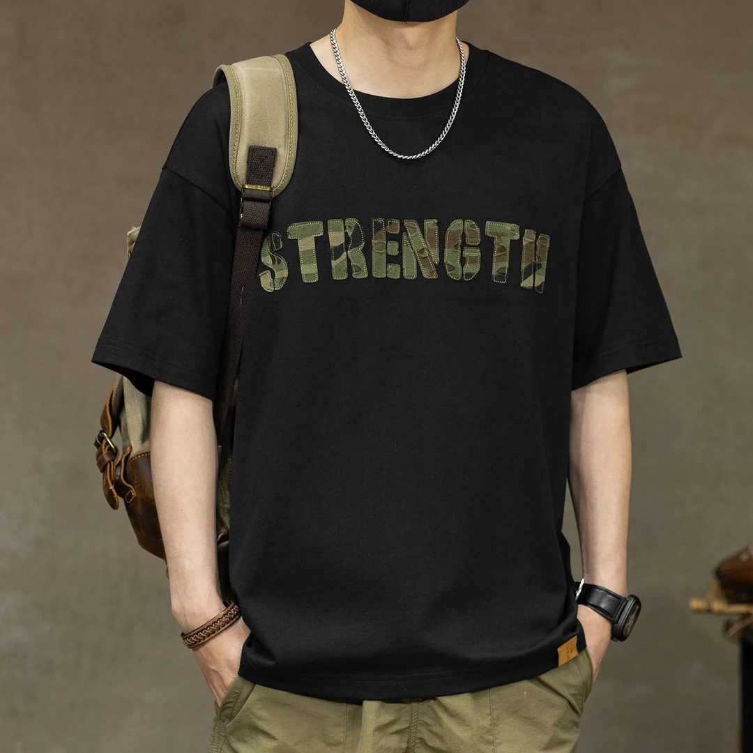 250g重磅迷彩绣花短袖t恤男夏季新款大码宽松半袖圆领纯棉五分袖T