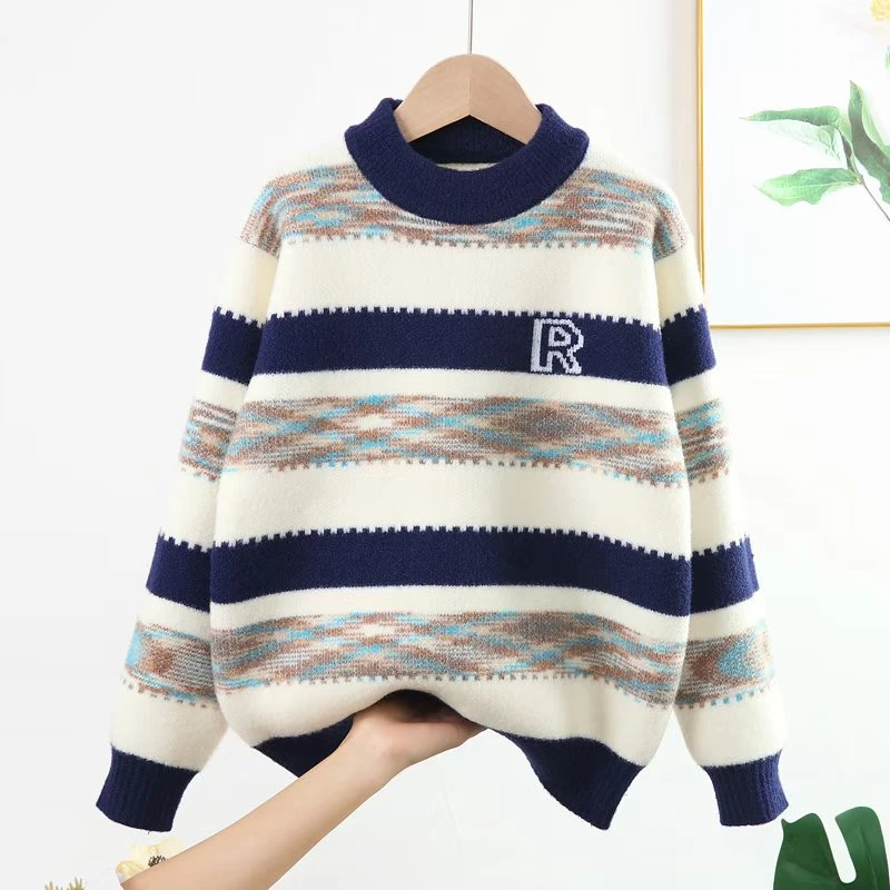 2025新款韩国绒格条儿童男童洋气大童条纹加厚圆领秋冬套头韩版
