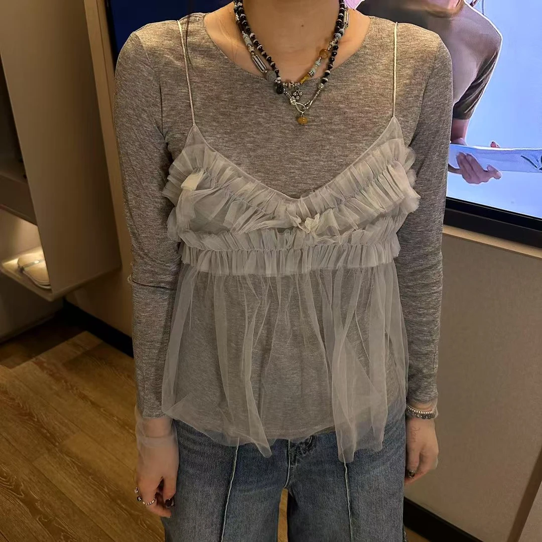 【一个亦】蕾丝吊带拼纱上衣两件套HIA/10707