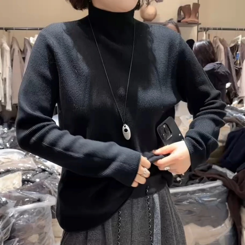 2025秋冬时尚百搭显瘦卷边设计半高领针织上衣LK2507143