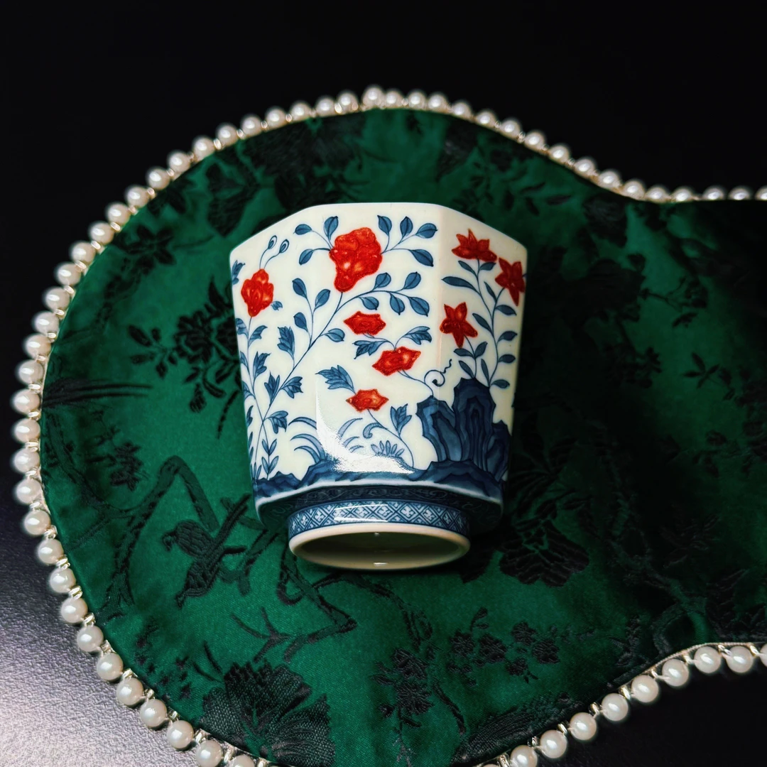 【零零严选】逸君堂青花釉里红缠枝莲花卉八方复古陶瓷主人杯150ml