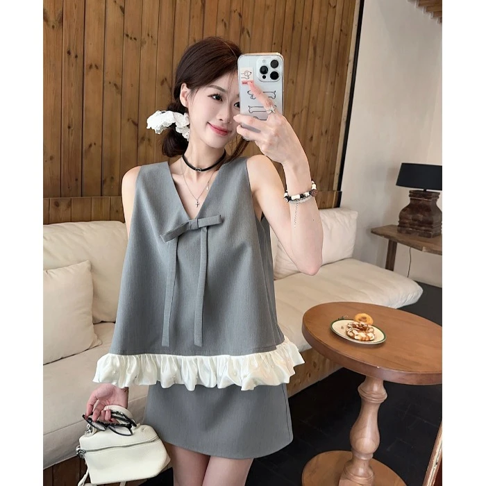 高级感气质套装无袖宽松蝴蝶结背心女装夏季高腰包臀半身裙两件套