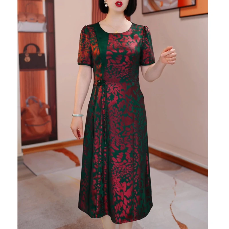 时尚国风新中式花色典雅端庄洋气收腰显瘦复古妈妈装百搭气质裙子