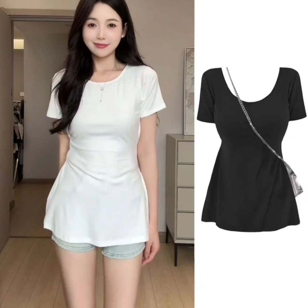 微胖MM大码上衣女2025年新款褶皱修身设计感辣妹显瘦短袖女t恤潮