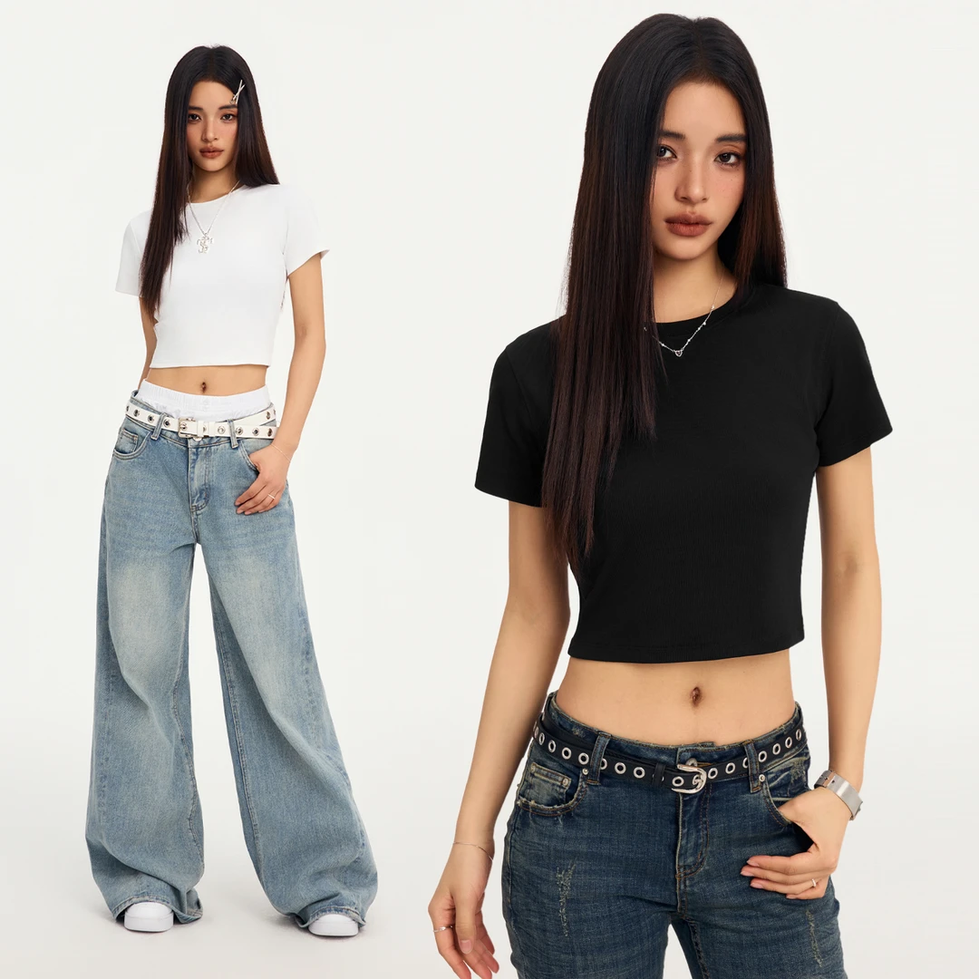 STK Small Town Kid 基础短款美式辣妹弹力修身复古短袖T恤上衣