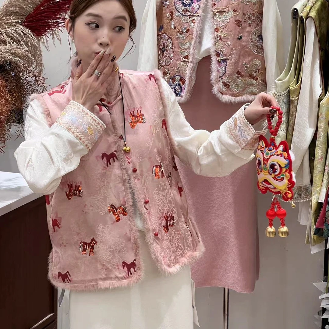 秋冬新中式毛毛拼接保暖马甲外套