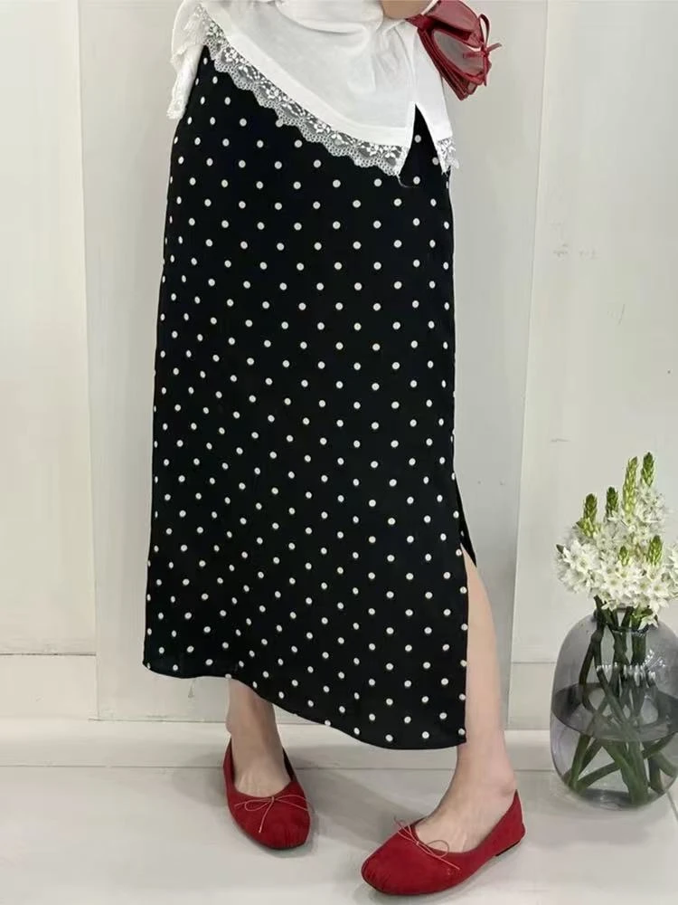 【梦雪严选】2025夏款单侧开叉波点半身裙松紧腰缎面A字半身裙女