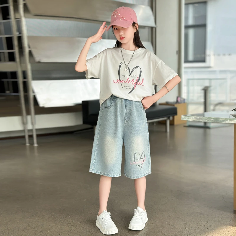 女童夏季时尚短袖T恤套装2025洋气新款中大儿童6-12-15岁牛仔中裤