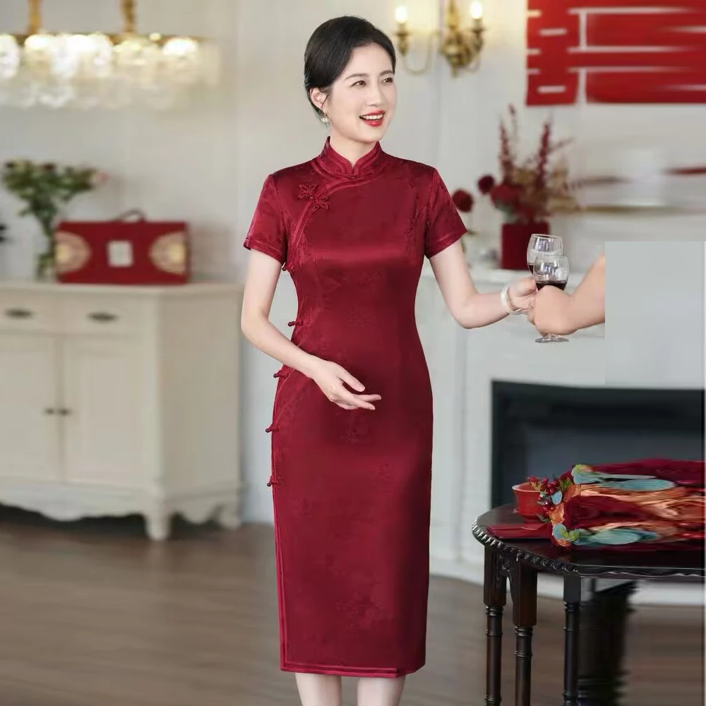 喜婆婆婚宴装2025新款夏季真丝提花高端桑蚕丝旗袍妈妈装红色礼服