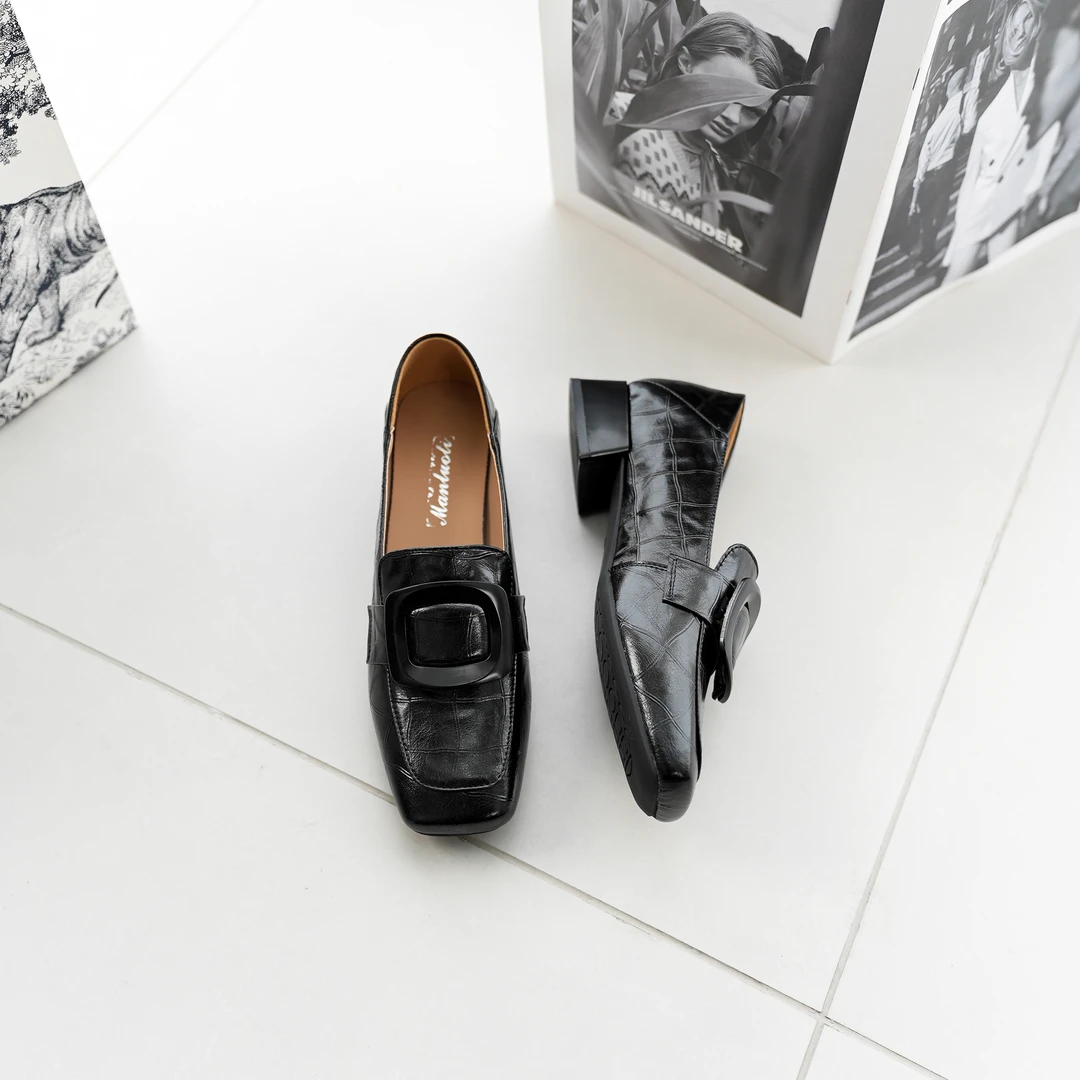 2025环扣乐福鞋（黑）春季低跟方头一脚蹬舒适软底浅口百搭休闲