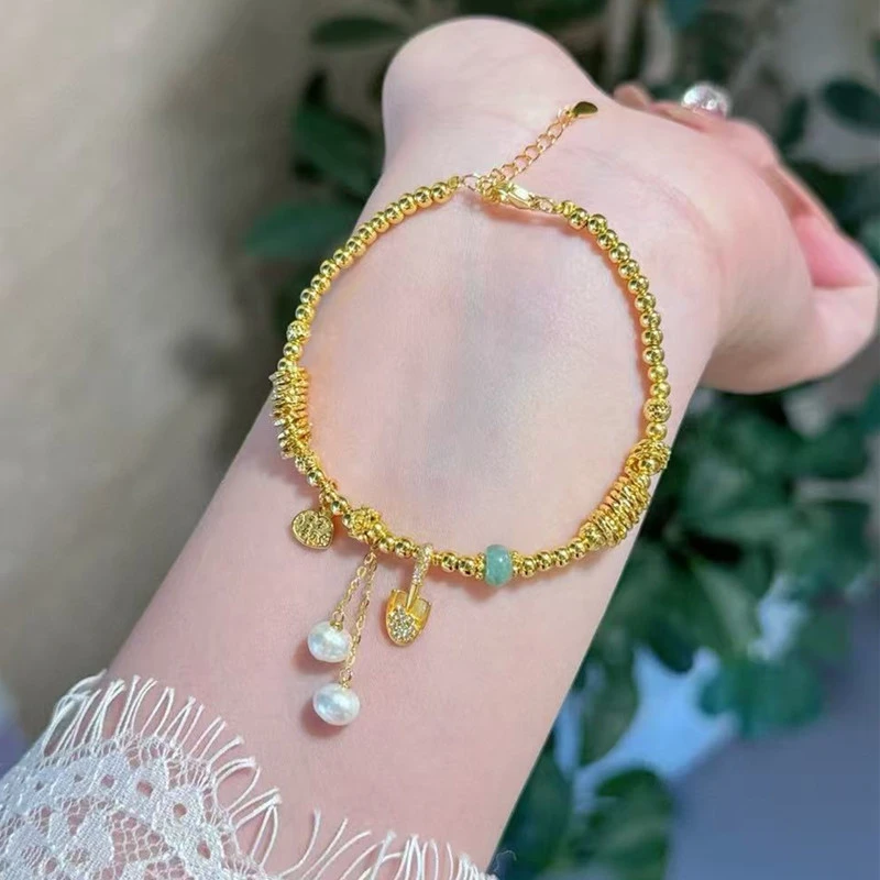 925银手链 轻奢时尚金铲铲盘缠珠珠手链