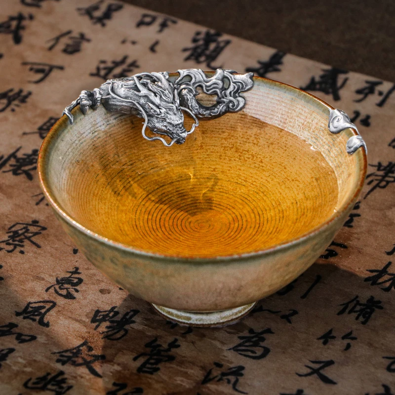 欲山行 足银999龙饮黄陶主人杯创意原创复古茶盏压手杯手工精美