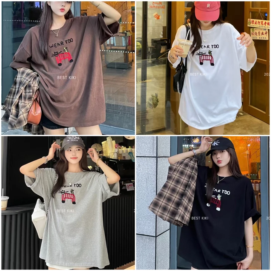 娜样美家   精选磨毛棉立体刺绣小猫宽松短袖t恤9562