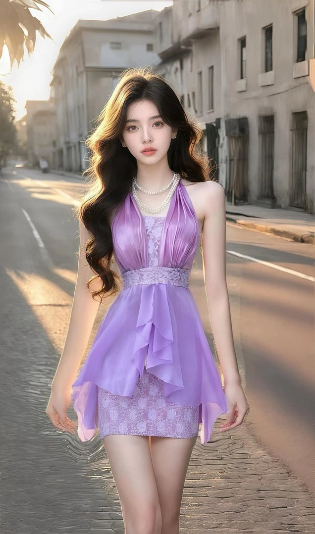 夏季2025新款知性温柔风紫色V领挂脖收腰包臀连衣裙女小众高级感