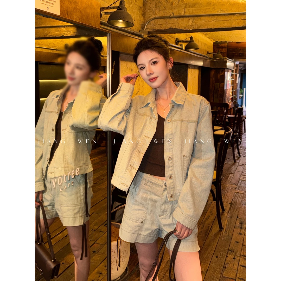 【唐顿清晨】手工油边皮条翻领牛仔夹克套装短裤