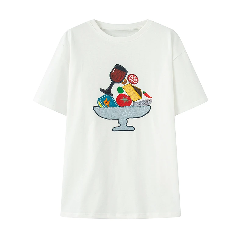 【N003春果】2025春季新款圆领绣花短袖白色T恤