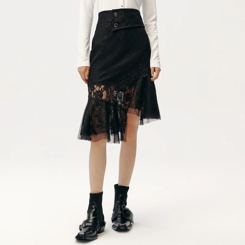 【粉丝专享】HPLY荷比俪春蕾丝网纱不对称金属扣半身裙HMC12700253