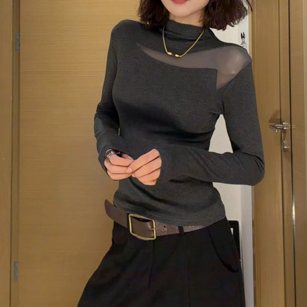 【现货+运补3-5元】秋冬网纱【加绒锁温】修身显瘦打底衫T恤气质百搭