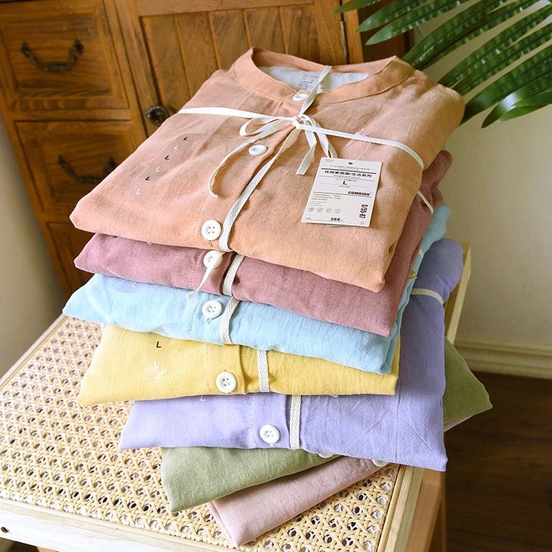 【短袖长裤】女士纯棉睡衣双层棉纱秋冬季新品全棉圆领休闲宽松纯色