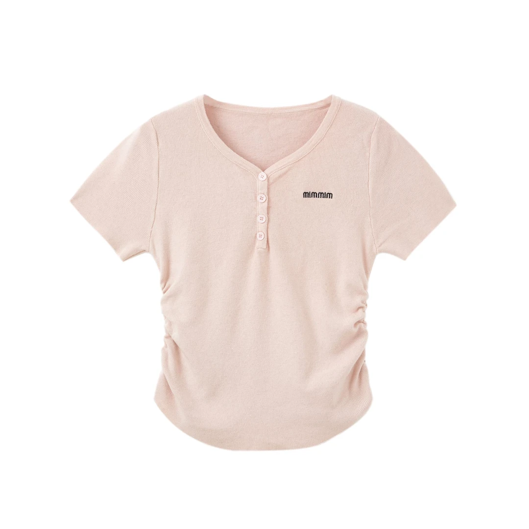 短袖慵懒风抗起球女夏季毛针织衫百搭纯色毛衣春夏纽扣修身款D716