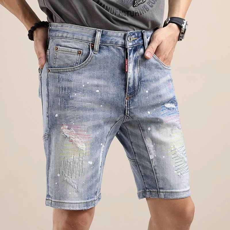 夏季高端欧货复古水洗破洞牛仔短裤男士修身外穿直筒五分裤中裤潮