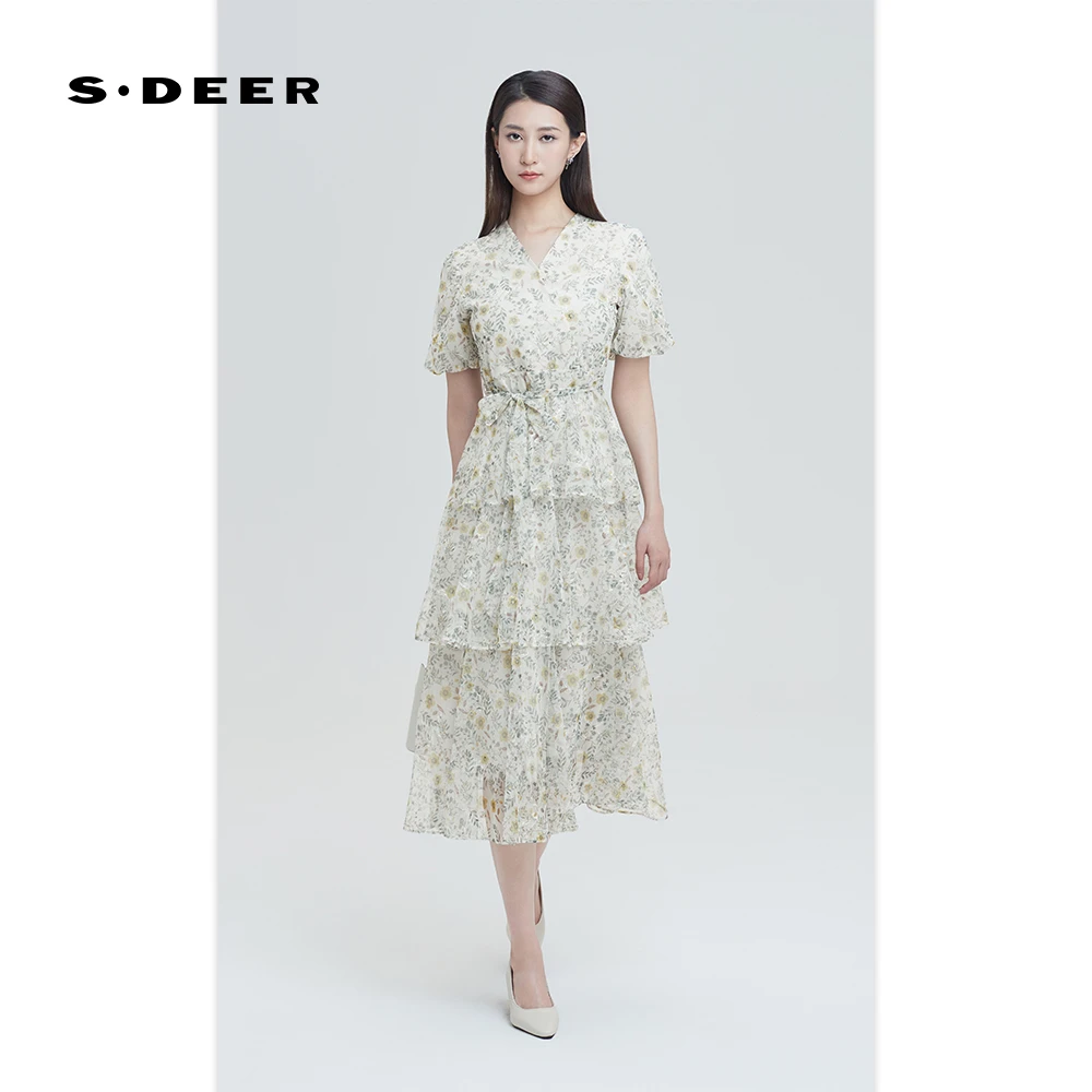 圣迪奥碎花轻奢法式时尚拼接气质百搭女装连衣裙S242Z1236