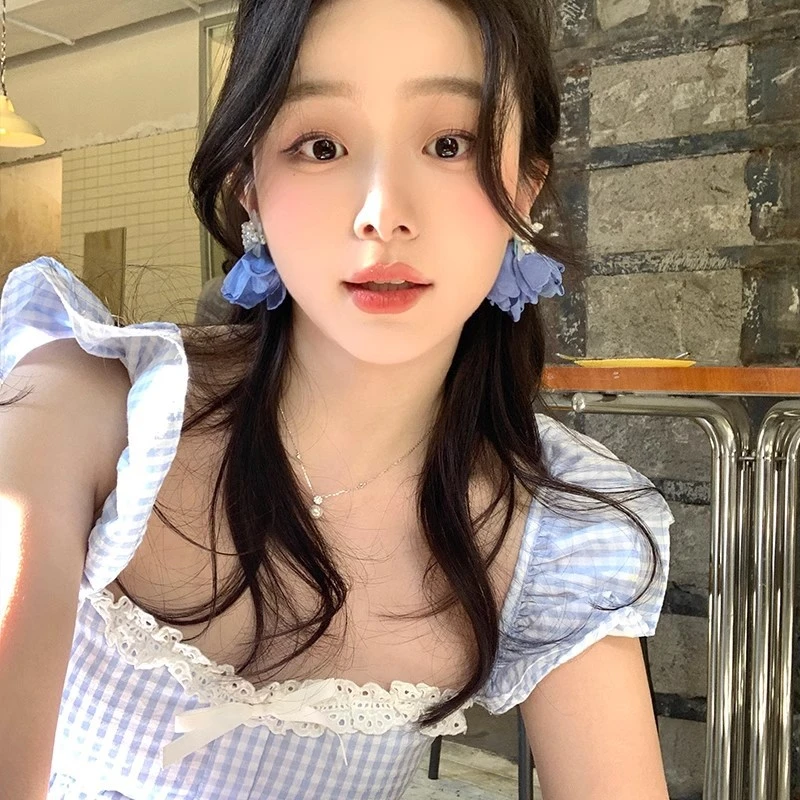 合金布艺耳饰 清新雪纺花朵耳环女海边度假风耳饰高级感气质耳钉