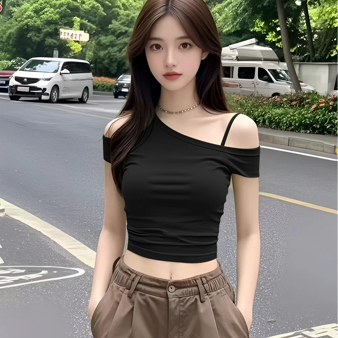 2025新款夏季修身露肩短袖t恤女性感辣妹短款一字肩上衣绝美显瘦