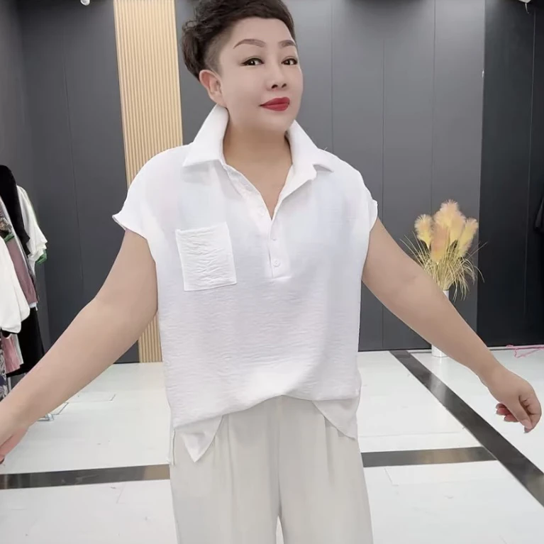 SF7082夏季新款纯色拼接翻领女士休闲百搭减龄短袖衬衫