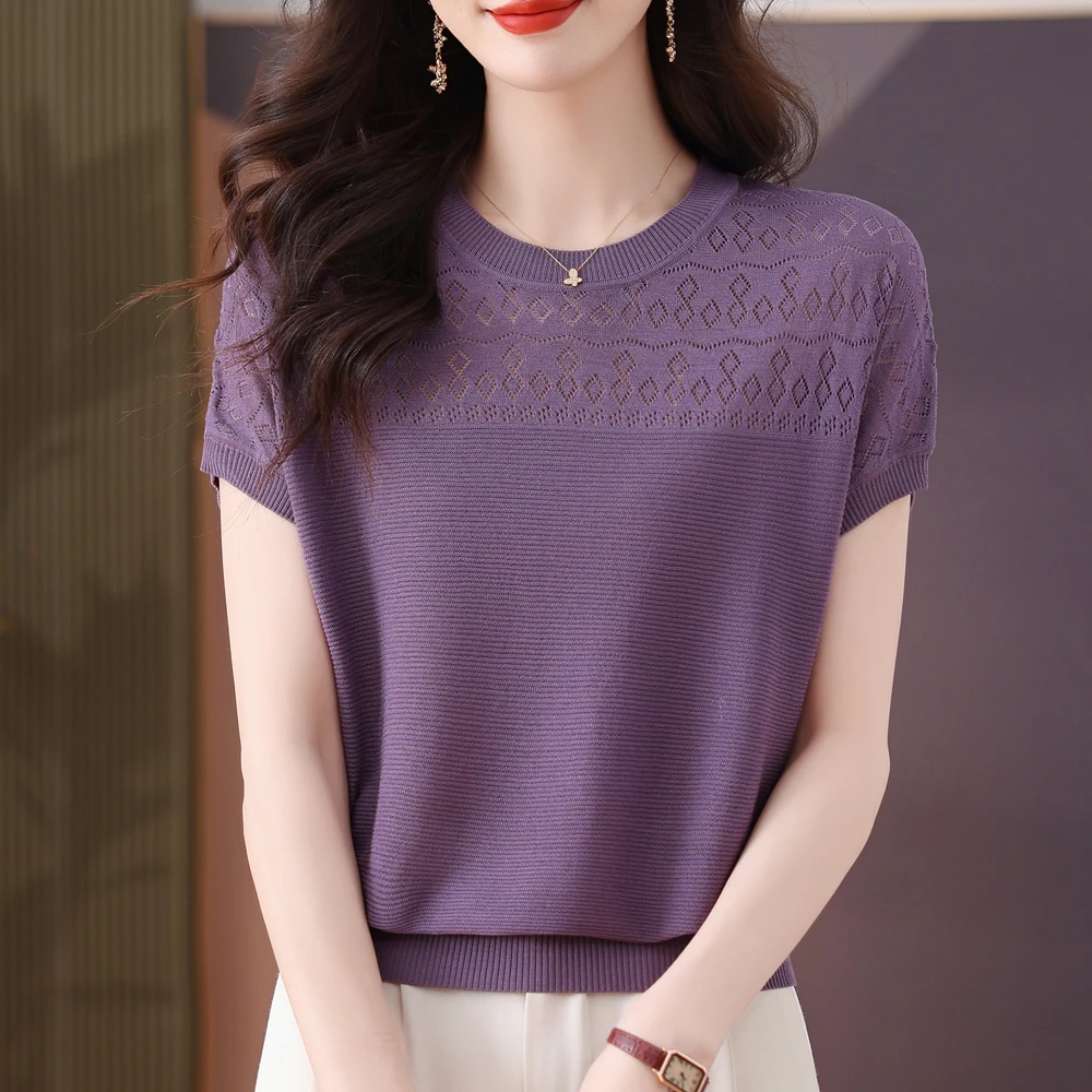 【天丝】夏女装圆领镂空钩花透气不透肉减龄上衣短袖薄款针织T恤衫