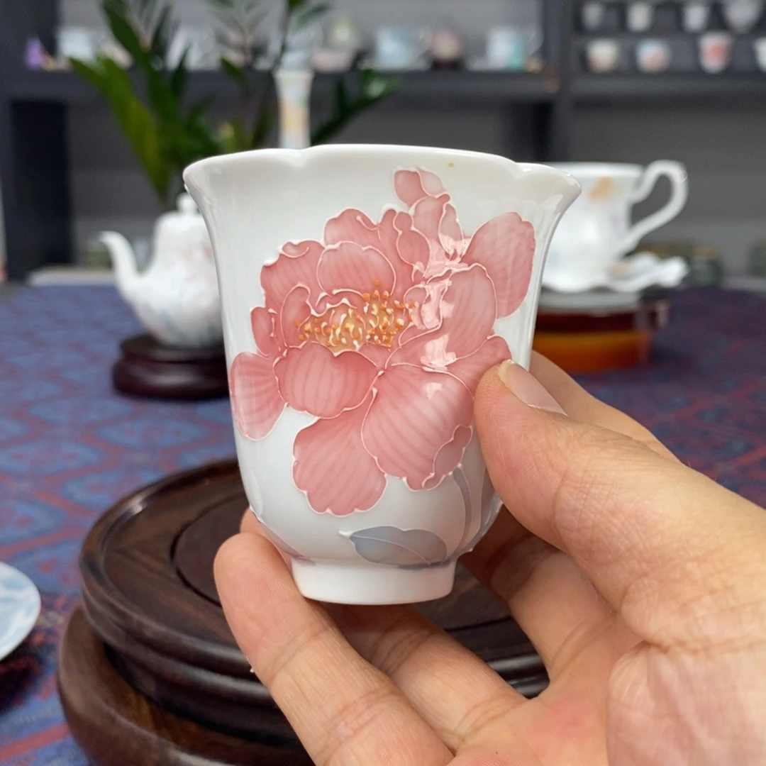 芍药花品茗杯手绘釉下高温