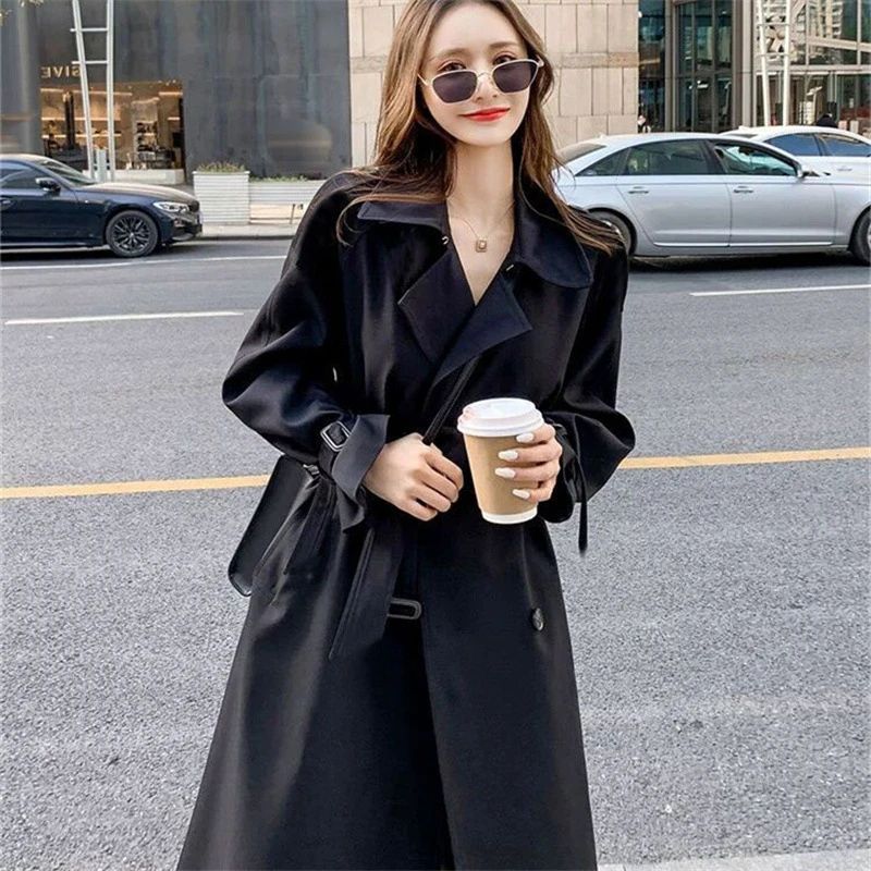 风衣女中长款2025春秋黑色韩版大码小个子流行英伦风大衣过膝外套