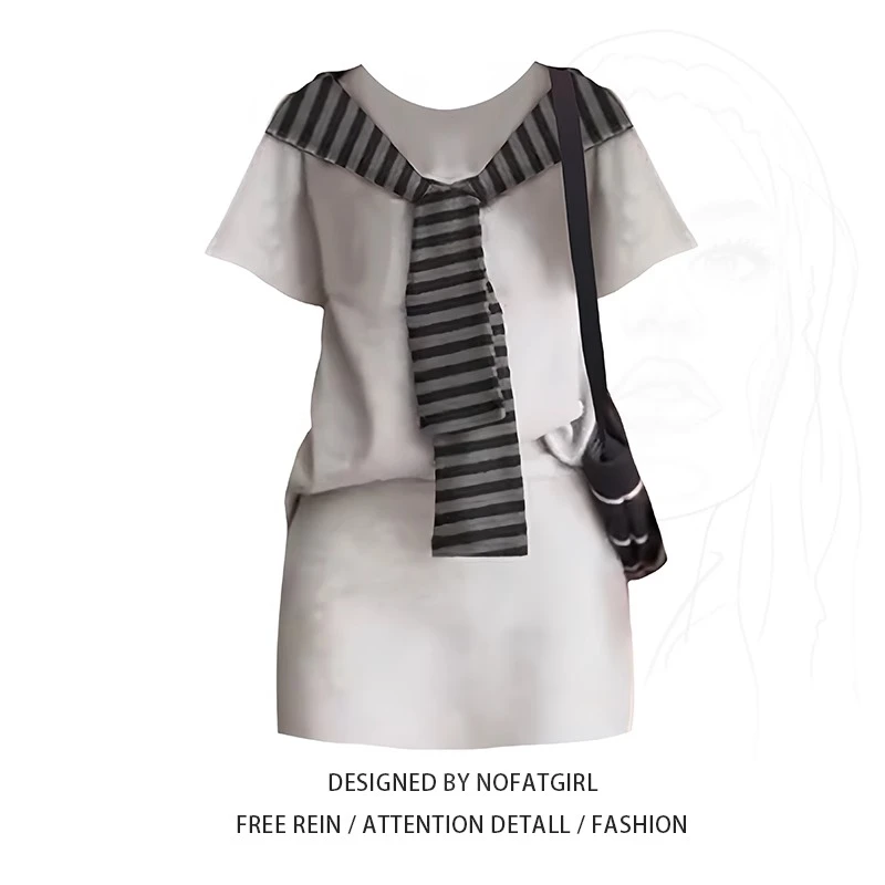 大码胖妹妹2025夏季三件套休闲韩系百搭高级宽松套装减龄条纹上衣