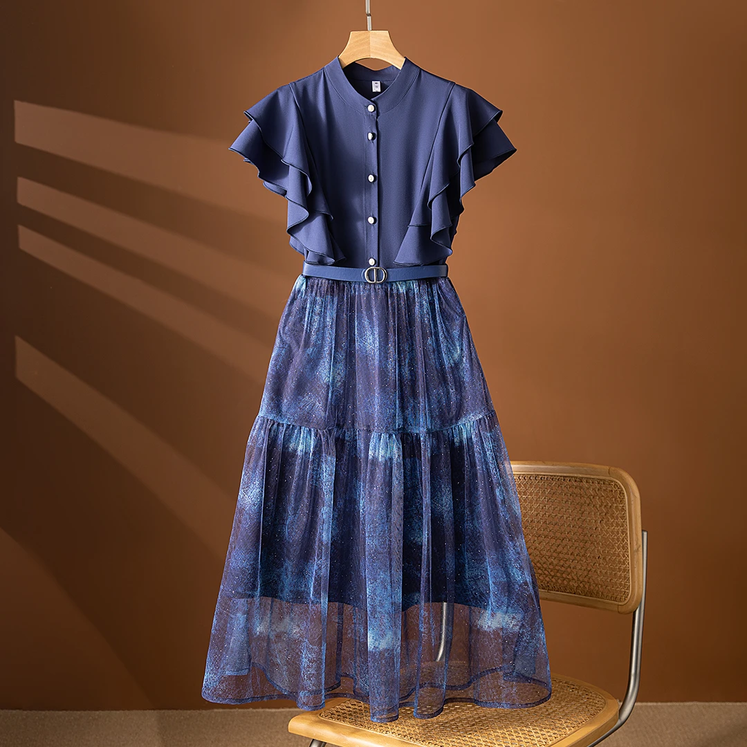 2025女装连衣裙蓝色妖姬夏季清凉轻奢收腰显瘦百搭气质中长裙2440