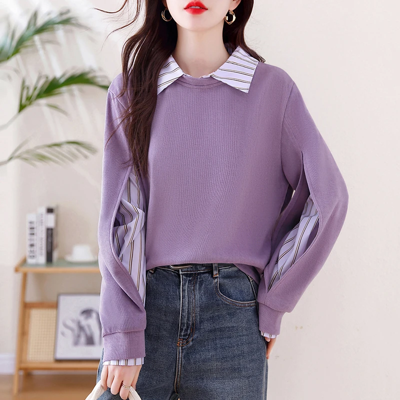 港风复古拼接假两件紫色卫衣女款2025新款春秋设计感宽松百搭上衣