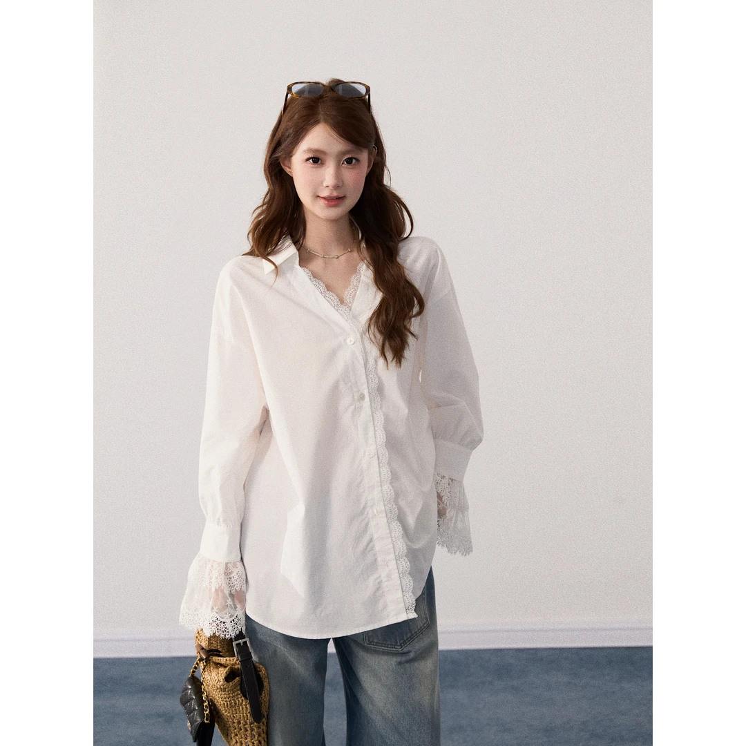 【谢不肉】拼接花边V领纯色长袖衬衫女秋韩版休闲时尚显瘦上衣50195