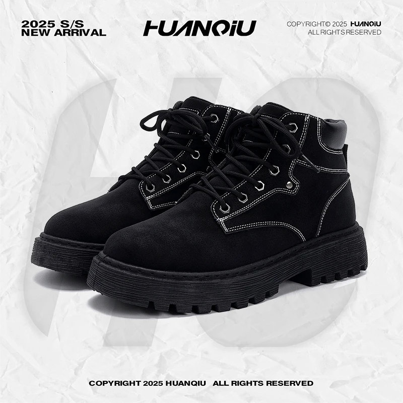 环球休闲马丁靴男款2025秋季新款黑色男鞋厚底增高户外登山工装鞋