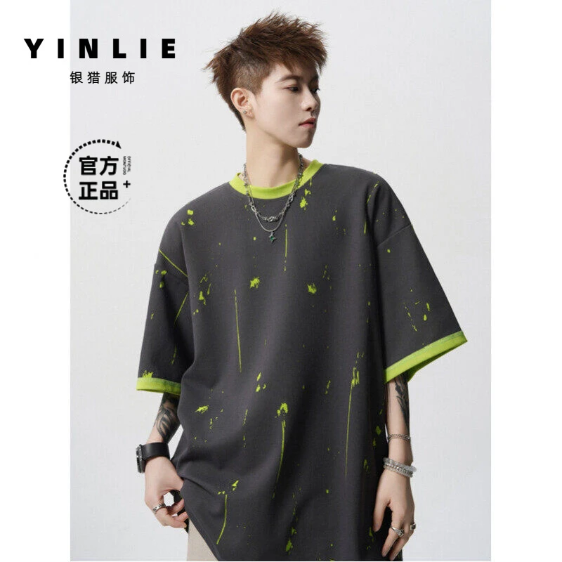 泼墨个性短袖t恤男款2025夏季美式潮牌显瘦宽松落肩男士痞帅上衣