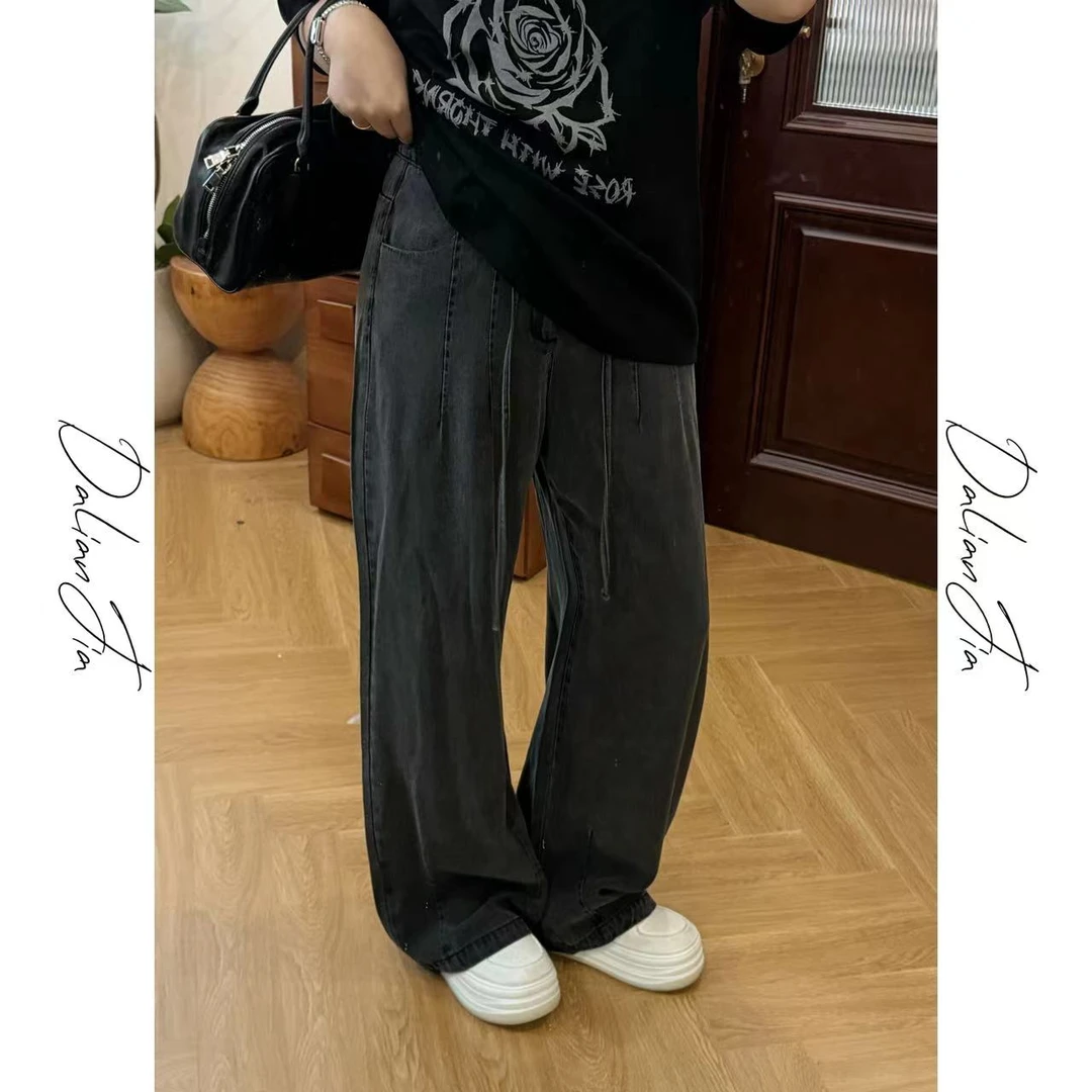 晶咕佳佳【清凉裤】带抽绳松紧牛仔阔腿长裤显瘦高腰休闲薄