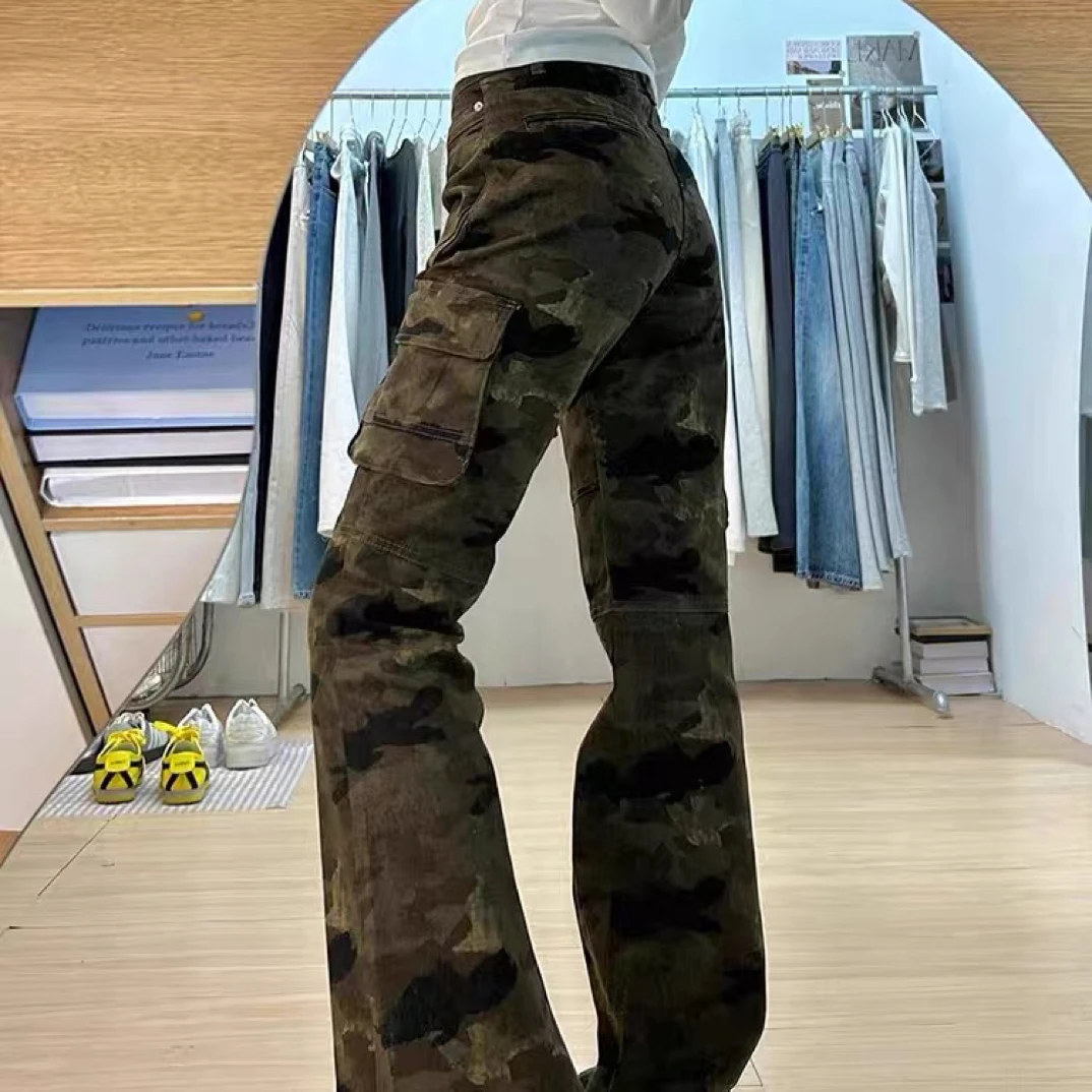 美式迷彩微喇工装裤女2025春秋新款多口袋辣妹高腰显瘦休闲直筒裤