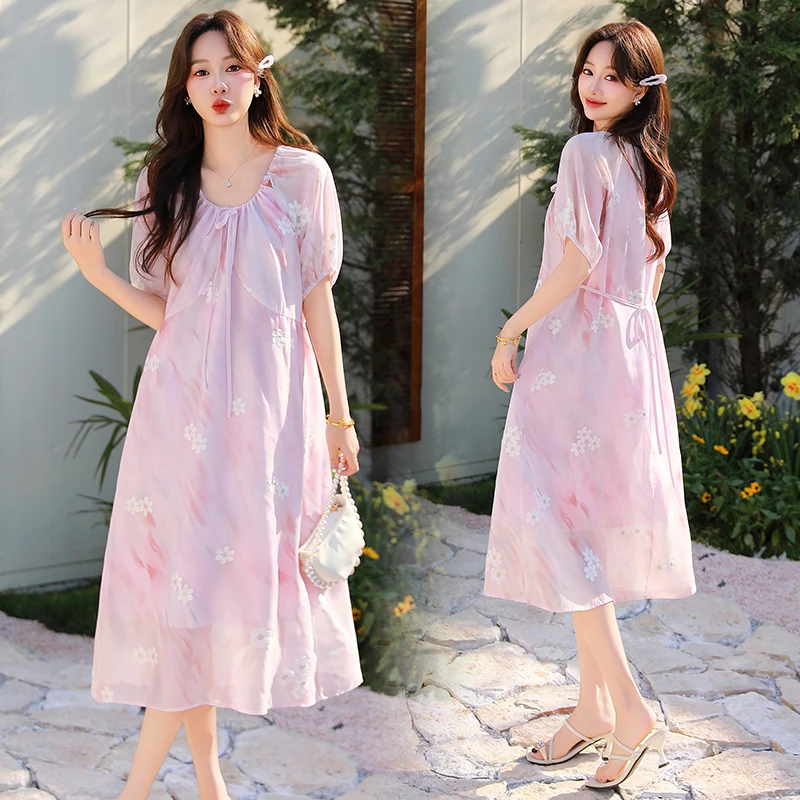 孕妇连衣裙夏季雪纺裙长裙可收腰孕妇装女2025新款爆款洋气遮孕肚