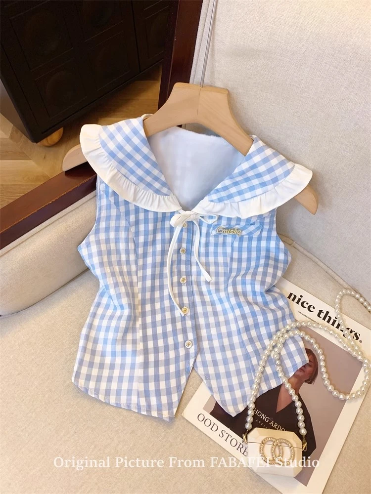 小清新蓝色格子背心衬衫女夏甜美蝴蝶结娃娃领小衫法式无袖小上衣
