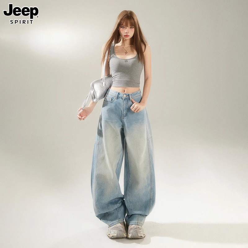 Jeep吉普美式复古弯刀牛仔裤女新款设计感高腰宽松直筒阔腿拖地裤