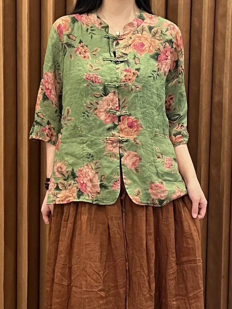 WFF-3683春夏新款天然苎麻轻薄透气衬衣女复古盘扣百搭显瘦衬衫
