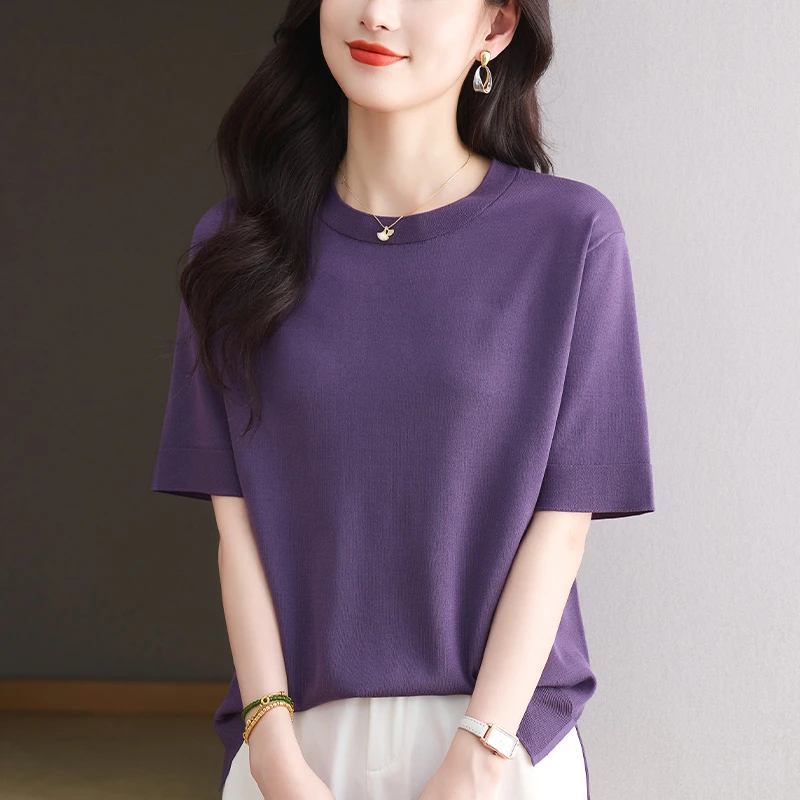 夏装大码女士短袖T恤宽松遮肚子显瘦上衣薄款百搭纯色冰丝针织衫